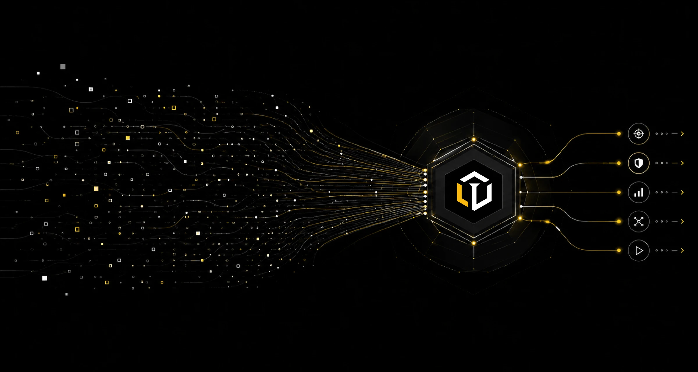 IRONCYDE Header-Grafik: Datenströme fließen in ein zentrales, hexagonales IRONCYDE-Logo, das mit Modulen für Detection, Defense, Analytics, Intelligence und Automation verbunden ist.